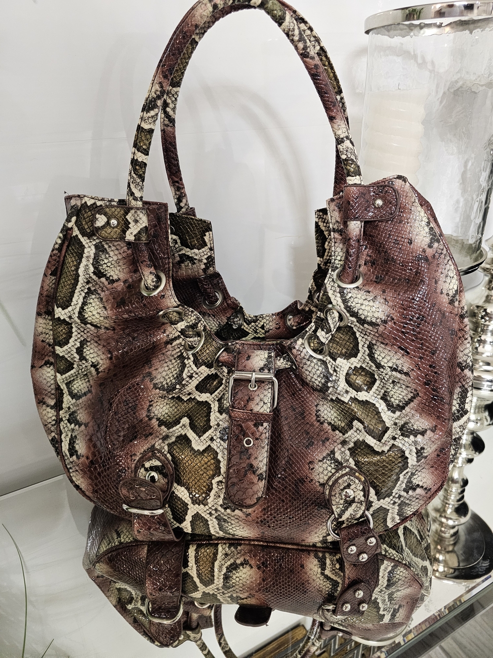 Snake-Print  Tote Bag in Brown & Olive